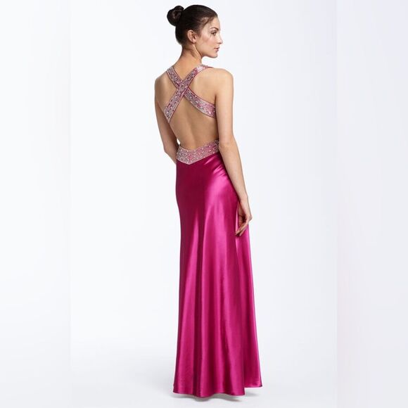 Jovani Silk Backless Criss Cross Sequin Straps Hot Pink Gown 6 - Picture 1 of 15